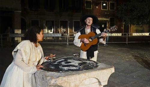 Left to right: Linda Powell stars as Portia, and Adriano Iurresevich portrays Arragon, in a performance of Shakespeare's "The Merchant of Venice" by Compagnia de’ Colombari.